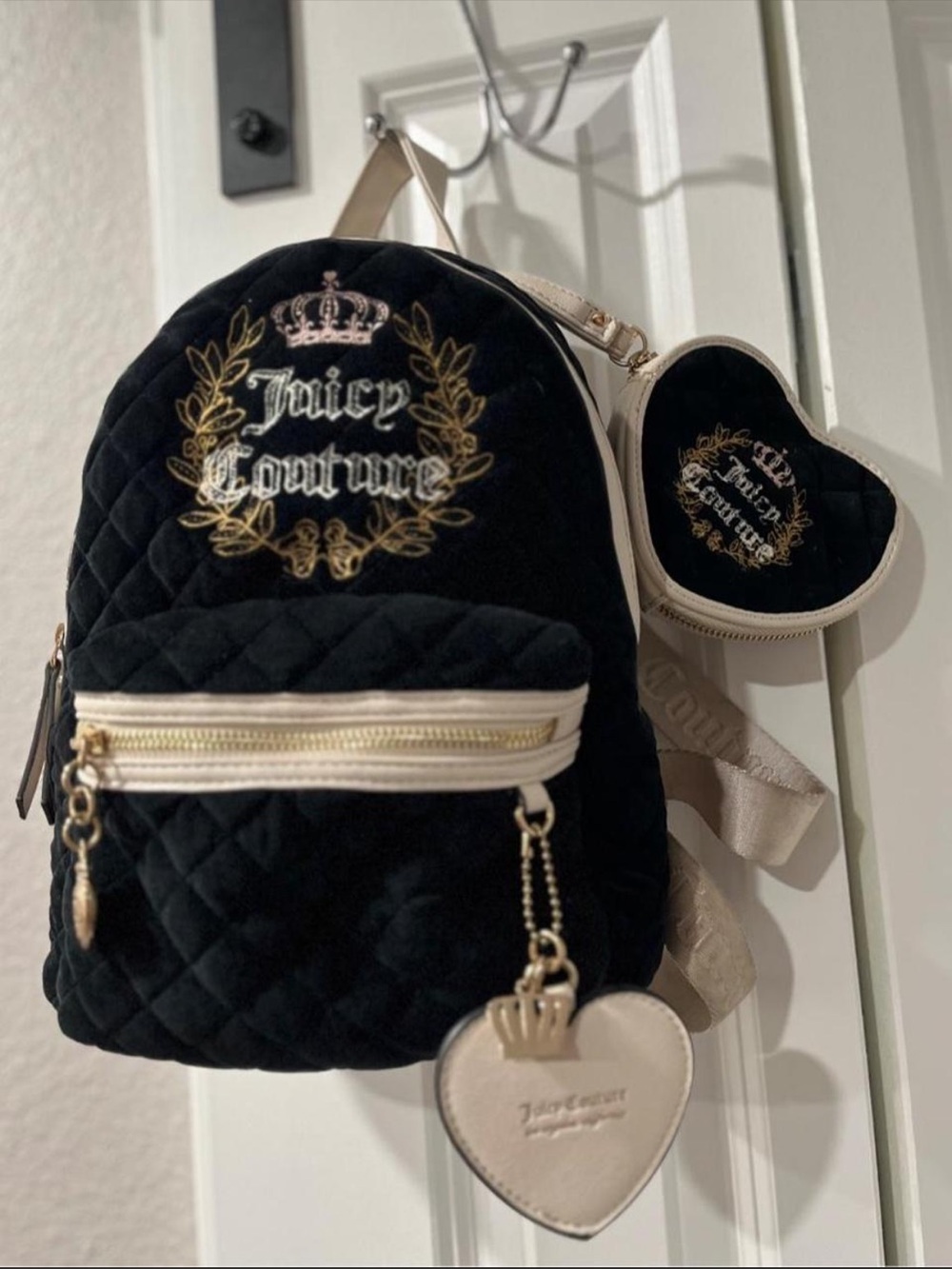 Juicy Couture Black Quilted Mini Backpack with Cream Accents and Heart Pouch
